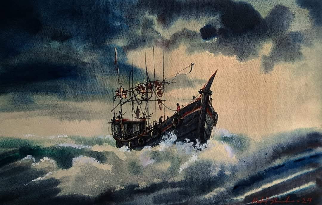 Twilight on the Padma, acrylic on canvas