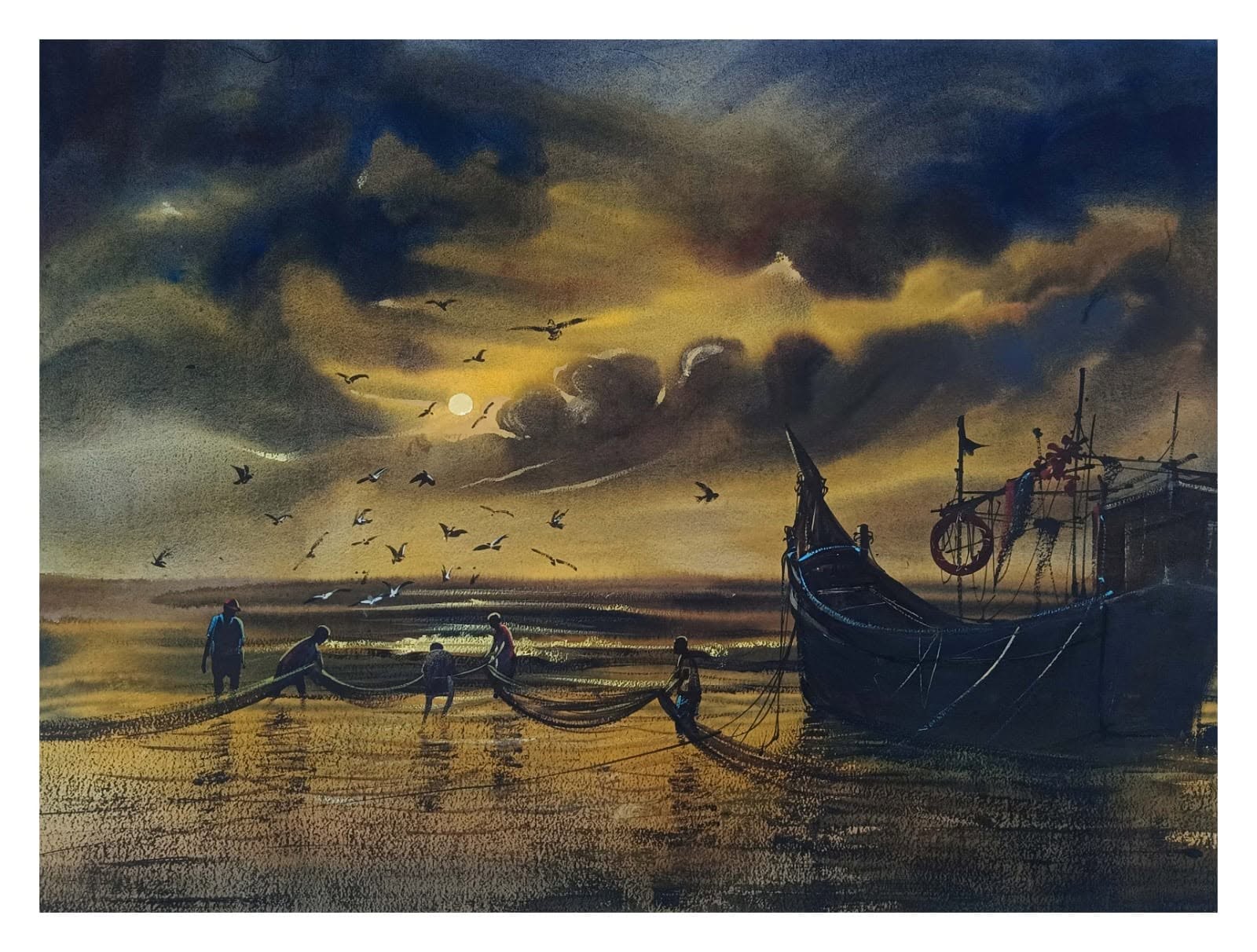 Riverside Settlement & Moored Vessels, acrylic on canvas