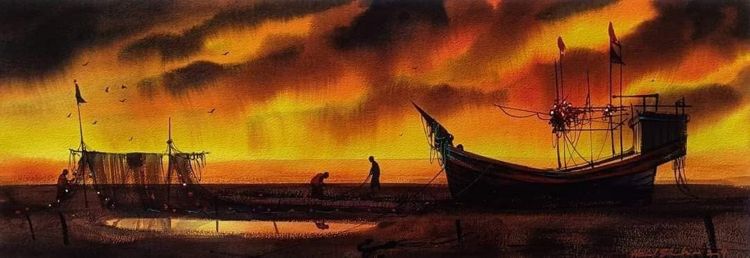 Golden Horizons: Delta Panorama, watercolour on paper