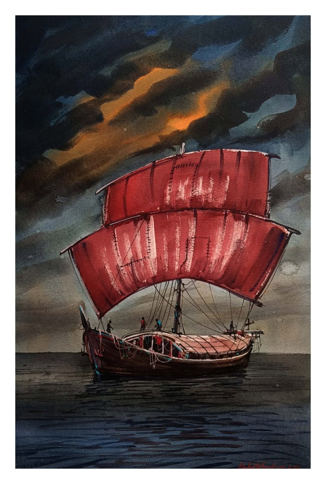 Solitary Vessel & Vanishing Light, watercolour on paper